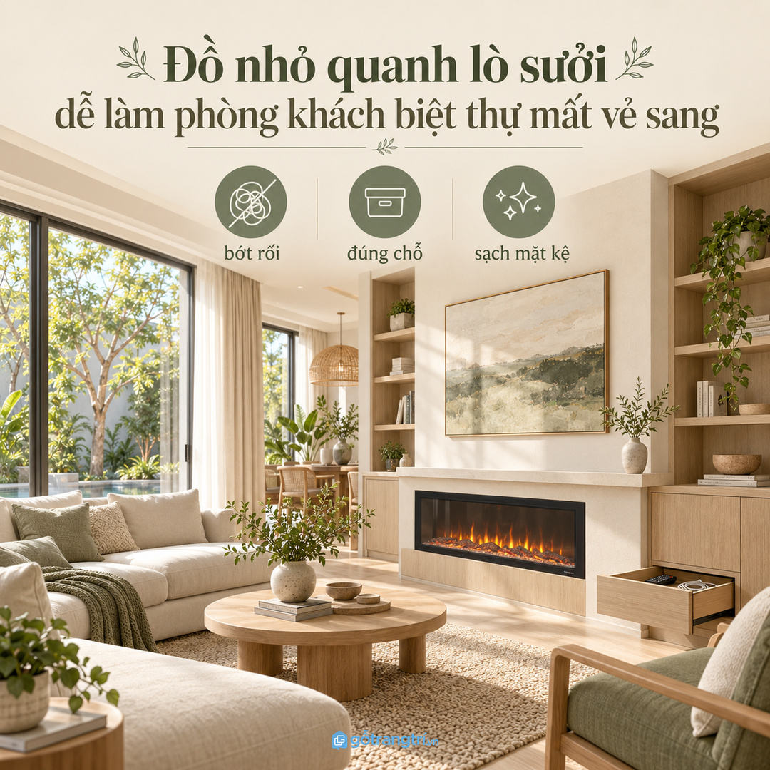 Đồ nhỏ quanh lò sưởi dễ làm phòng khách biệt thự mất vẻ sang