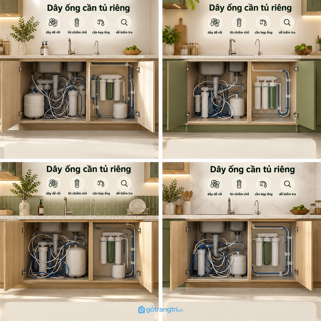 Khoang dưới chậu dễ rối khi máy lọc nước dây ống và đồ tẩy rửa nằm chung