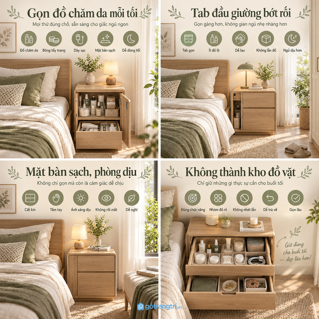 Đồ chăm da để lẫn trên tab đầu giường làm khu ngủ nhanh rối