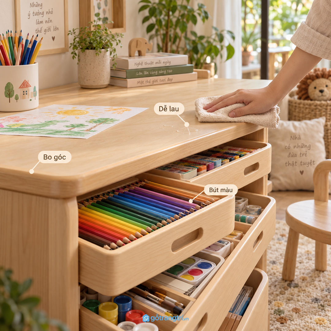 Đồ vẽ để rải trên bàn học làm góc sáng tạo nhanh bừa và khó dọn