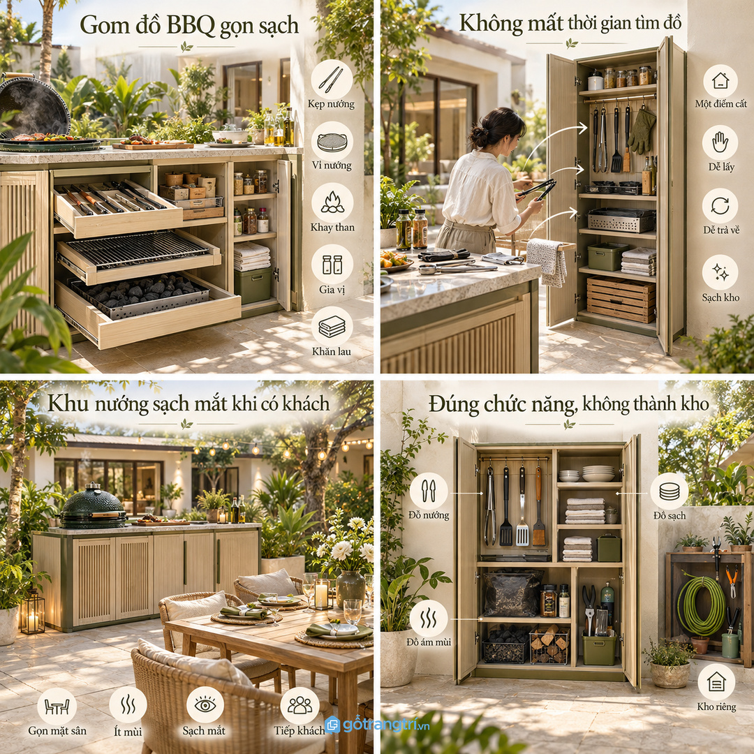 Đồ BBQ để lẫn trong kho sân vườn làm mỗi buổi tiệc mất thời gian chuẩn bị