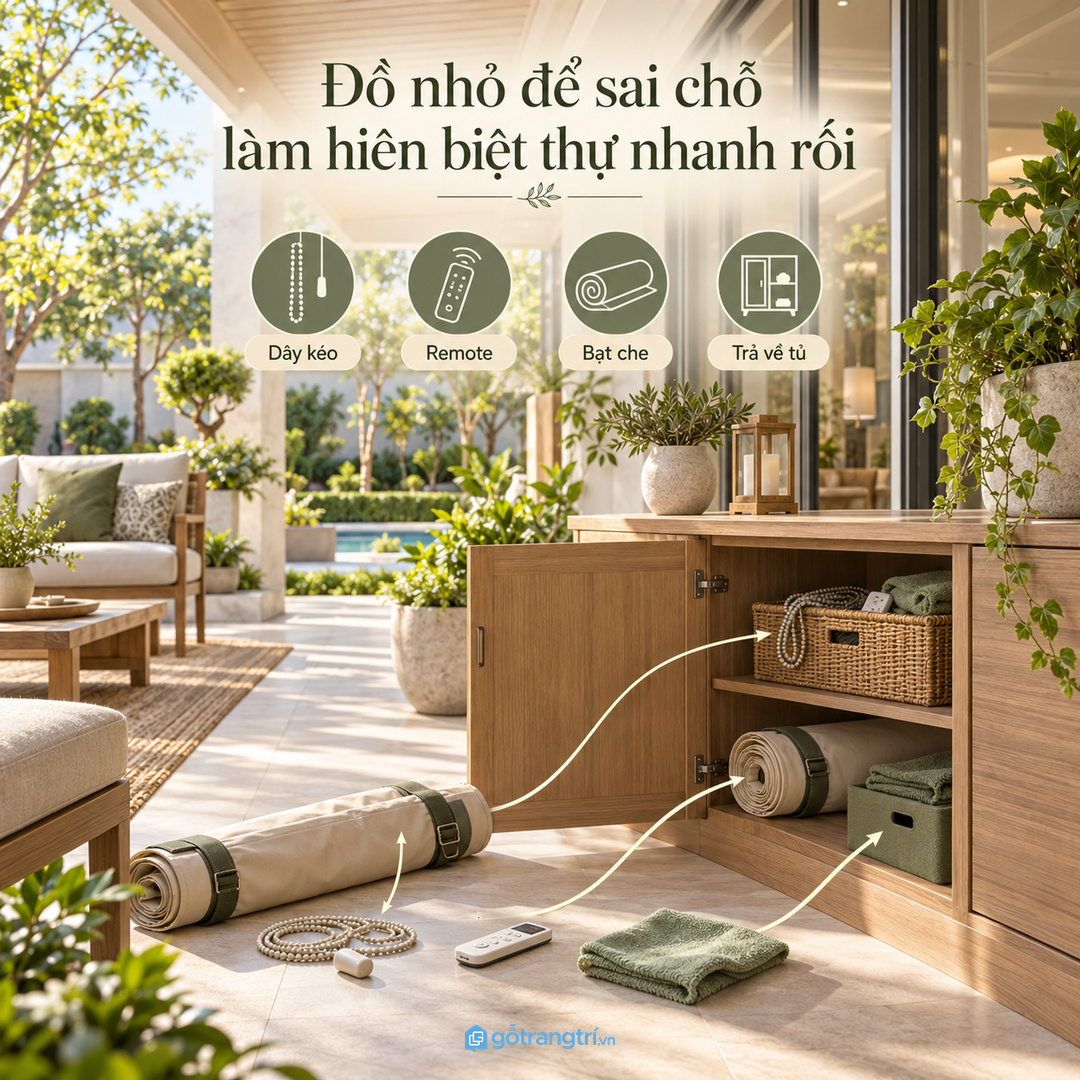 Bạt che dây kéo và remote để tạm khiến hiên biệt thự nhanh rối