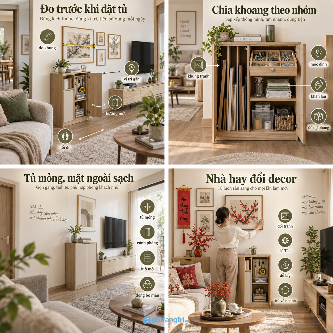 Móc treo và đinh vít để lẫn trong ngăn kéo làm mỗi lần thay tranh phải tìm lại từ đầu