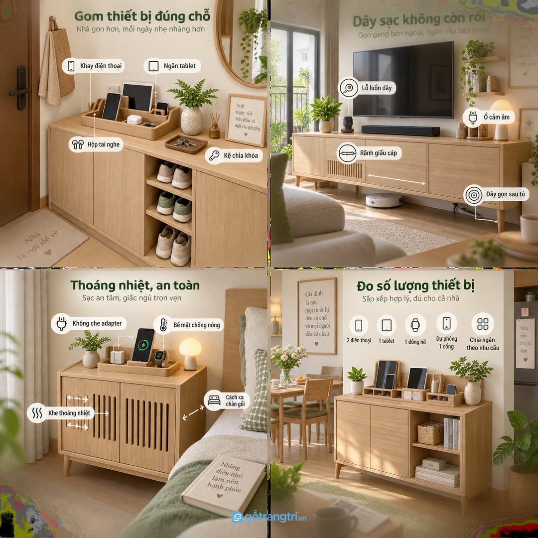 Dây sạc để rải rác làm căn hộ nhỏ luôn có cảm giác chưa gọn