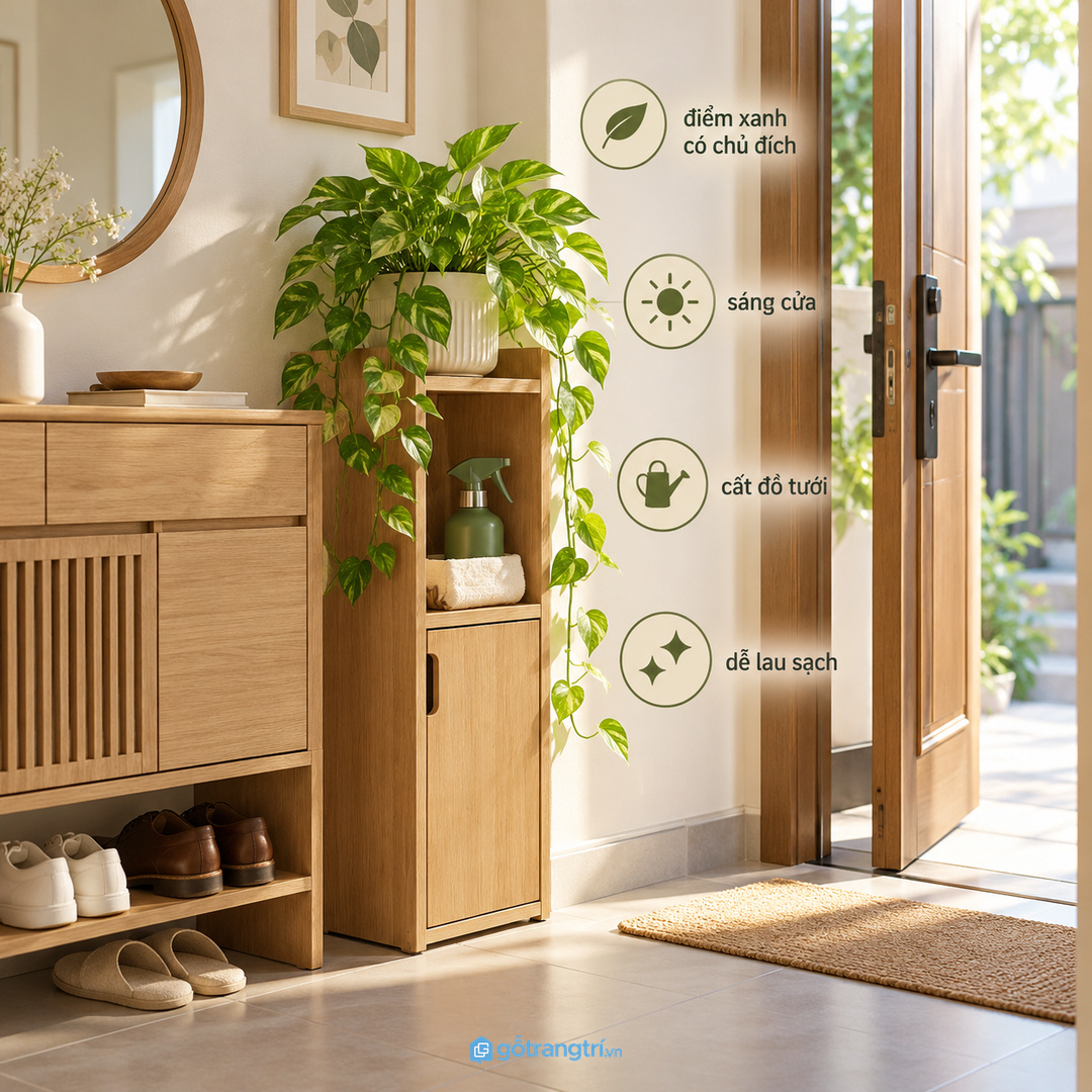Lối vào sáng hơn khi cây có điểm đứng riêng và đồ chăm cây được cất kín