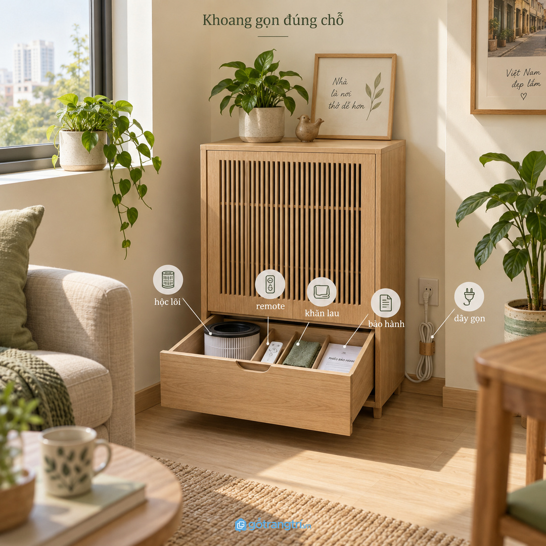 Khoang kệ riêng giúp lõi lọc remote khăn lau và giấy bảo hành không bị lẫn trong ngăn kéo
