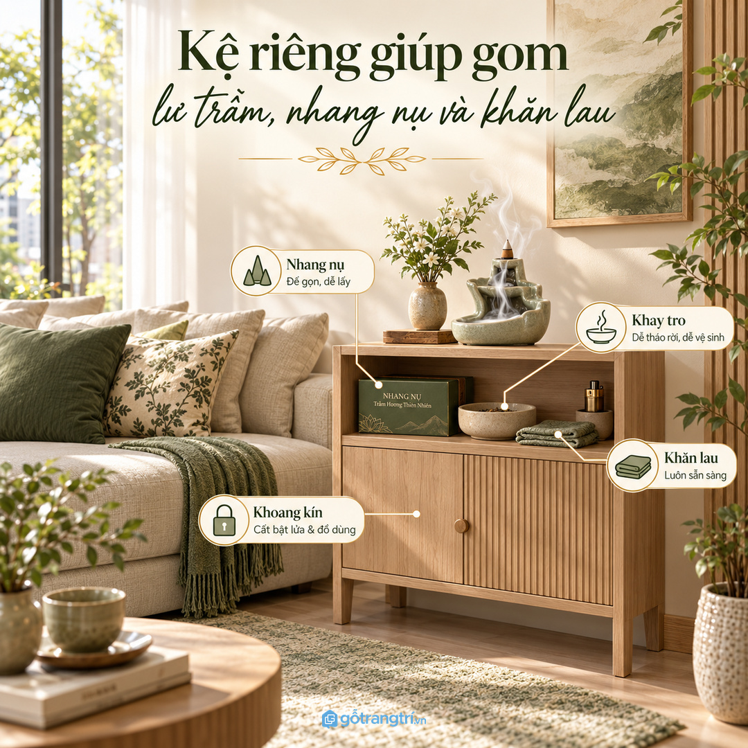 Kệ riêng gom lư trầm nhang nụ khay tro khăn lau vào một điểm gọn