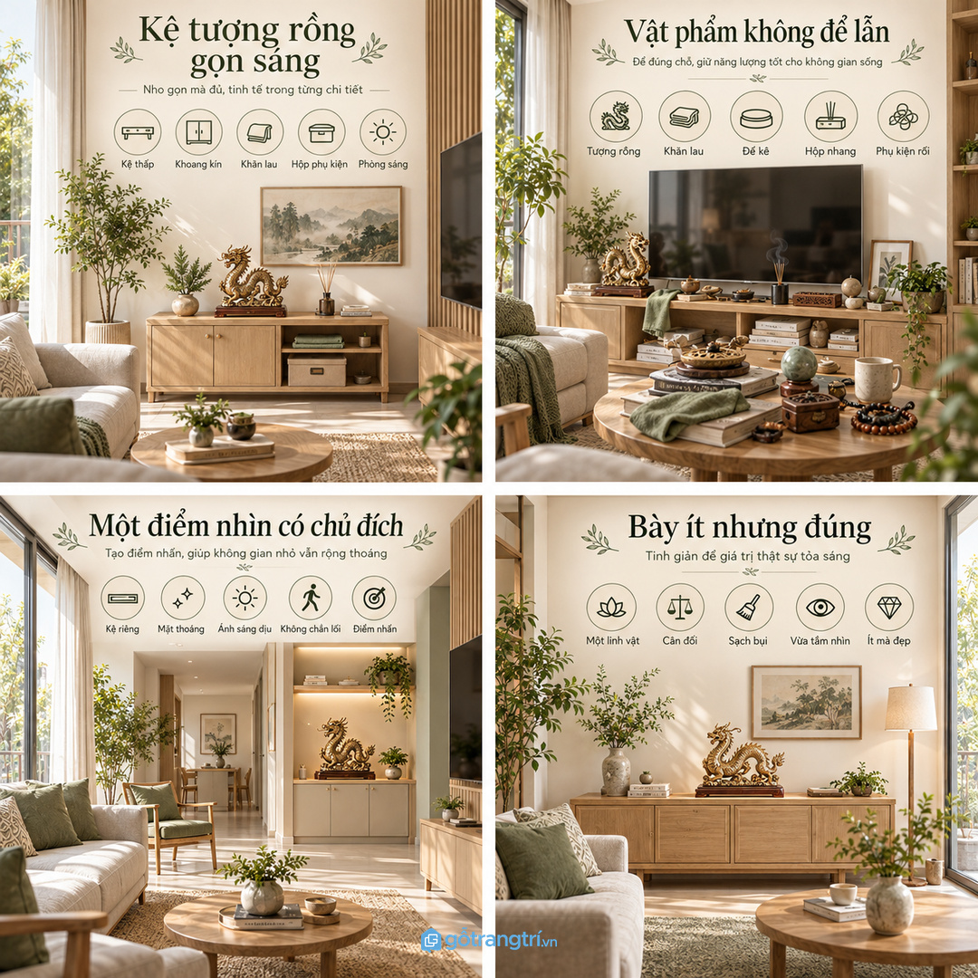 Một điểm bày riêng giúp tượng rồng có điểm nhấn mà không chắn lối đi