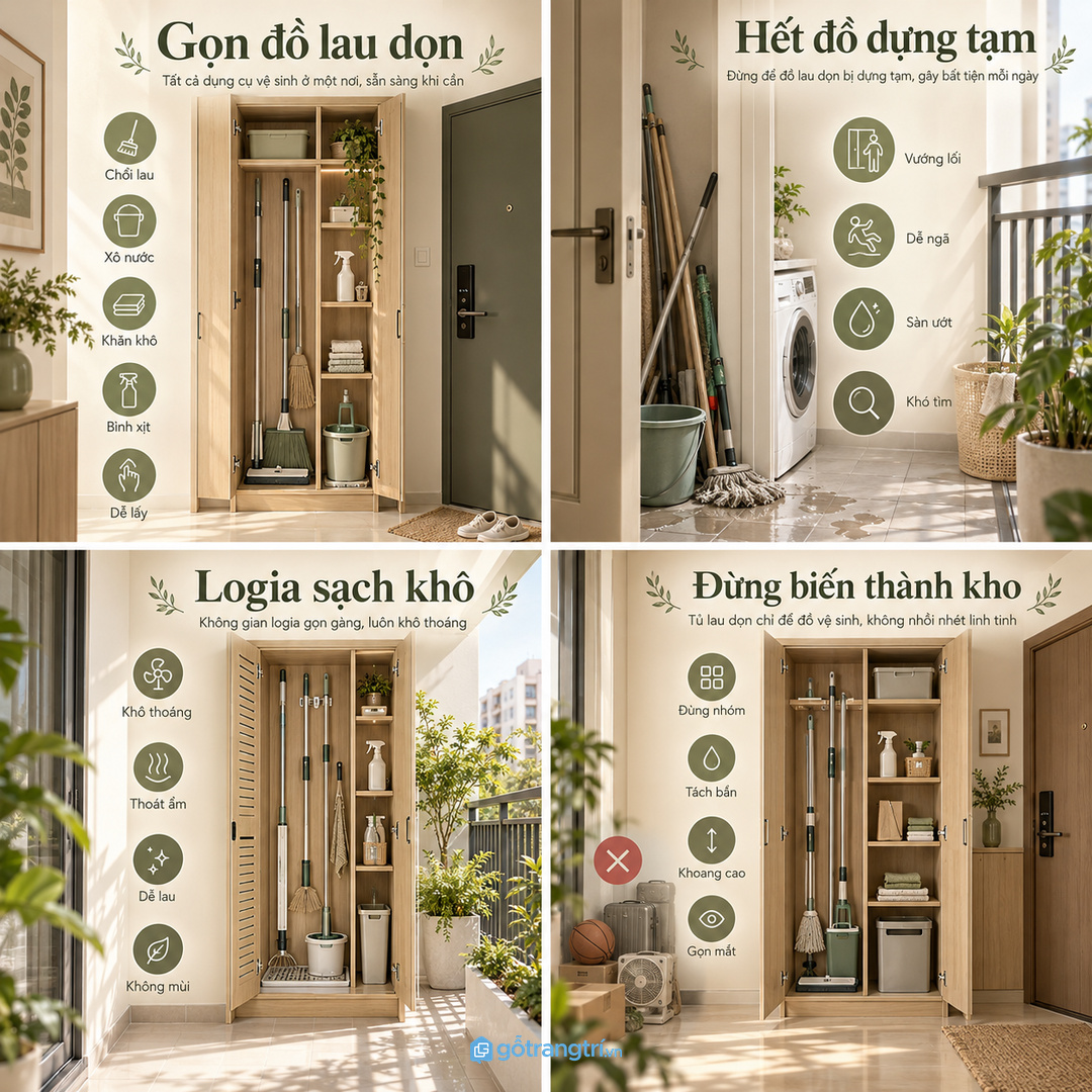 Logia sạch khô cần khoang thoáng khay hứng nước và bề mặt dễ lau