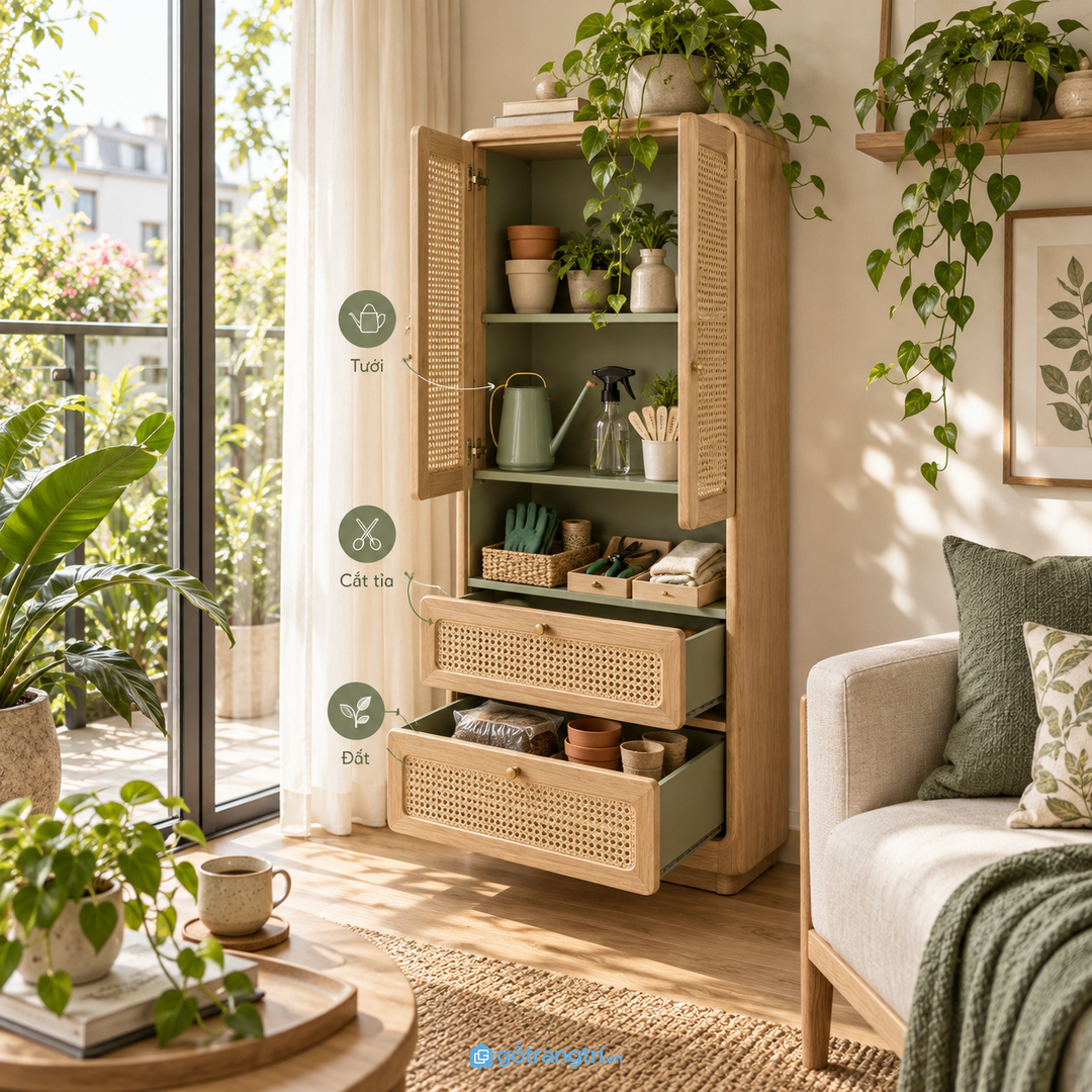 Bình tưới kéo tỉa đất trồng và khăn lau cần một điểm cất riêng gần khu cây