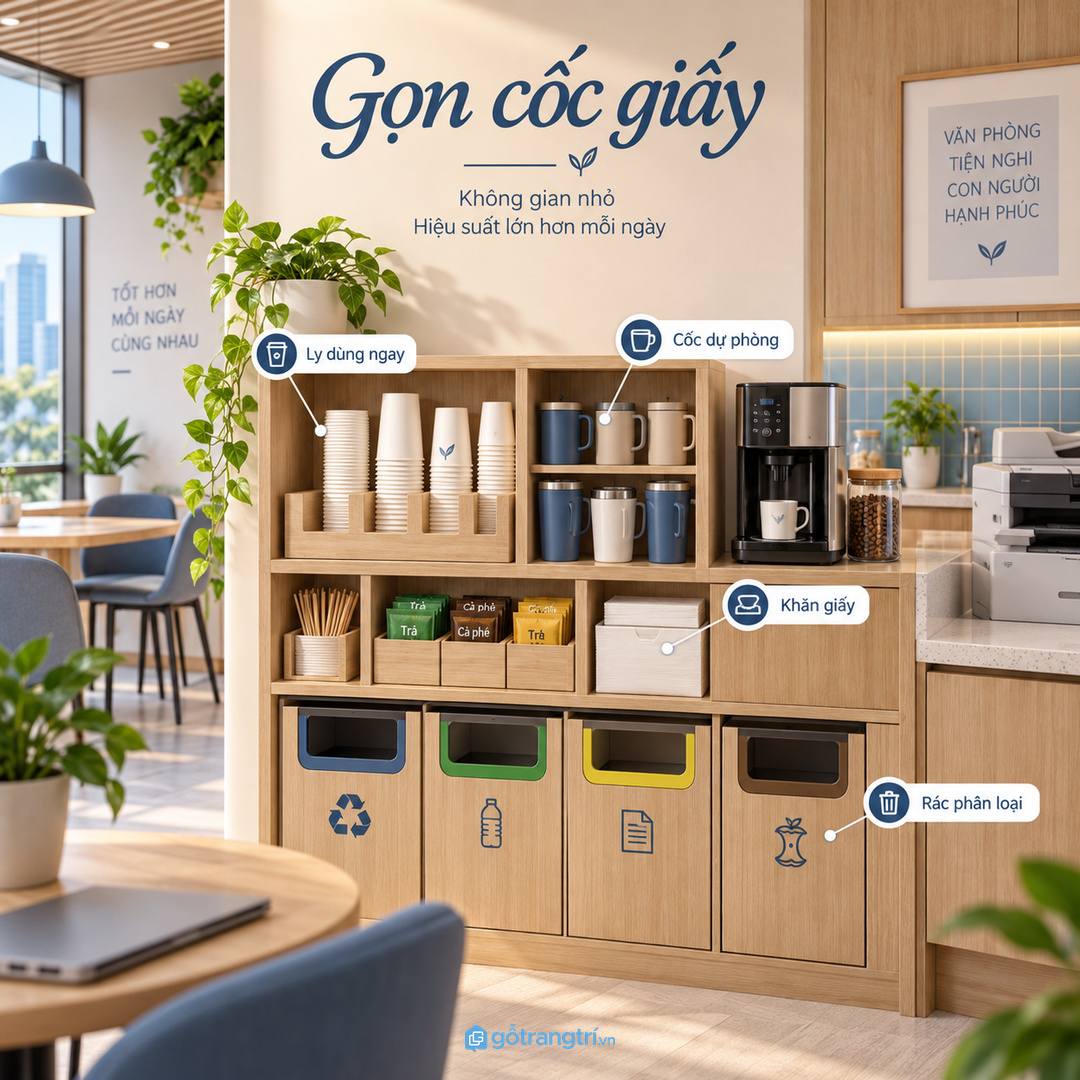 Tủ cốc giấy giúp khu pha đồ sạch hơn khi có khách hoặc họp nội bộ