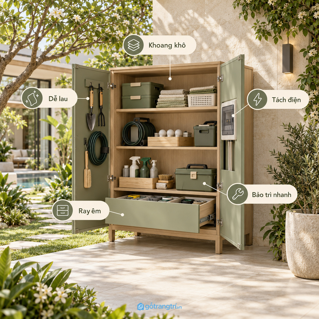 Khoang tủ khô ráo giúp phụ kiện đèn sân vườn bền hơn
