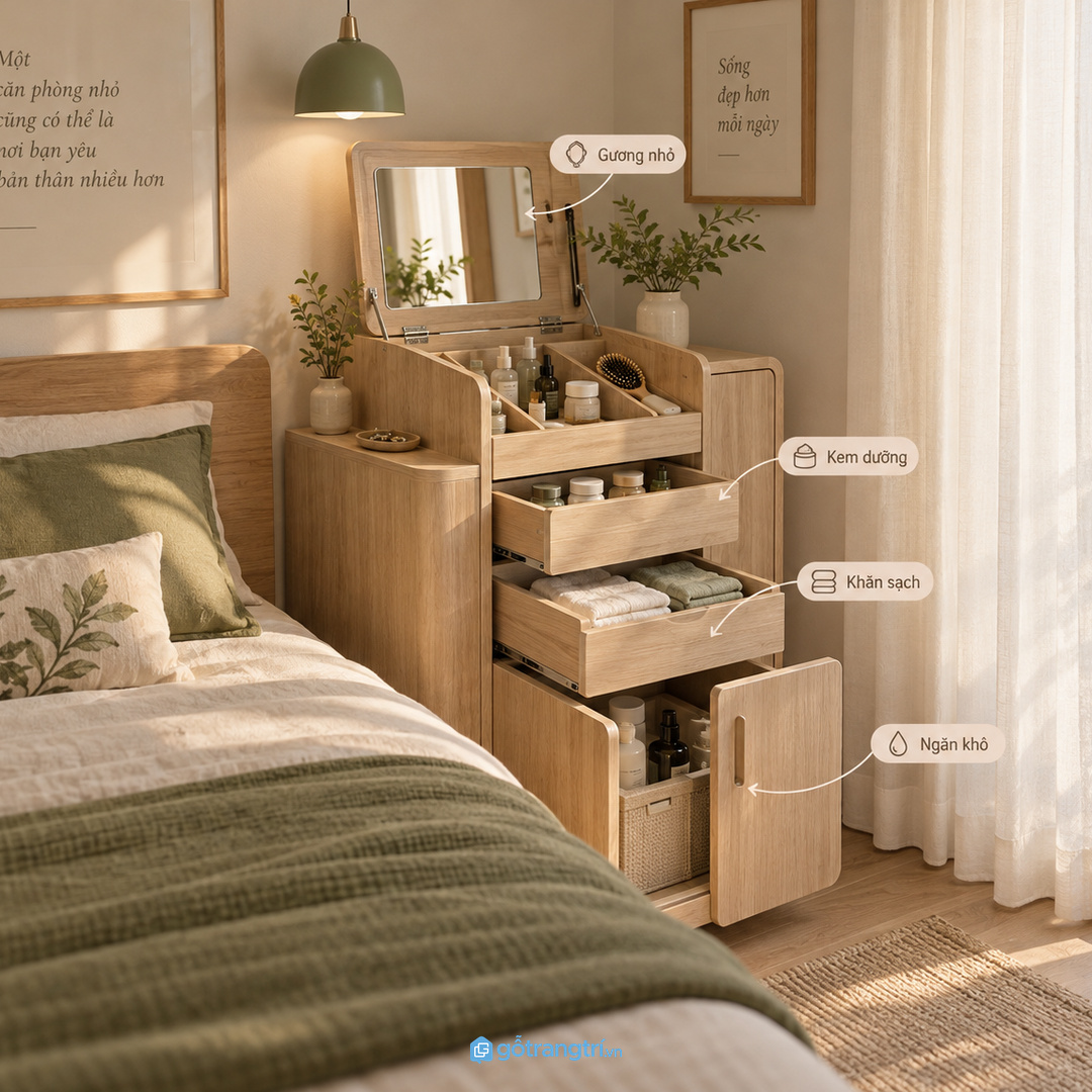Kem dưỡng khăn sạch và đồ điện nhỏ nên có khoang khô riêng để dễ lau dọn