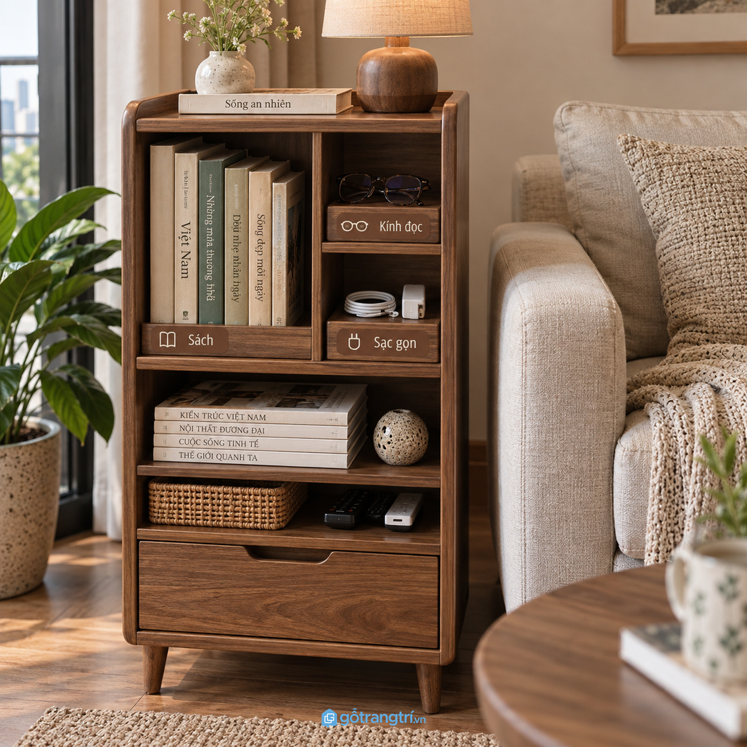 Tủ đọc sách cần gần sofa nhưng không cản lối đi