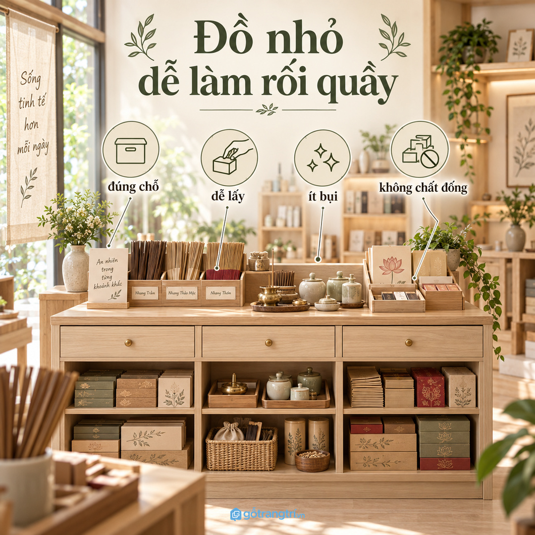Đồ nhỏ để lẫn mỗi sáng làm mất thời gian và dễ bụi quanh khu bán hàng