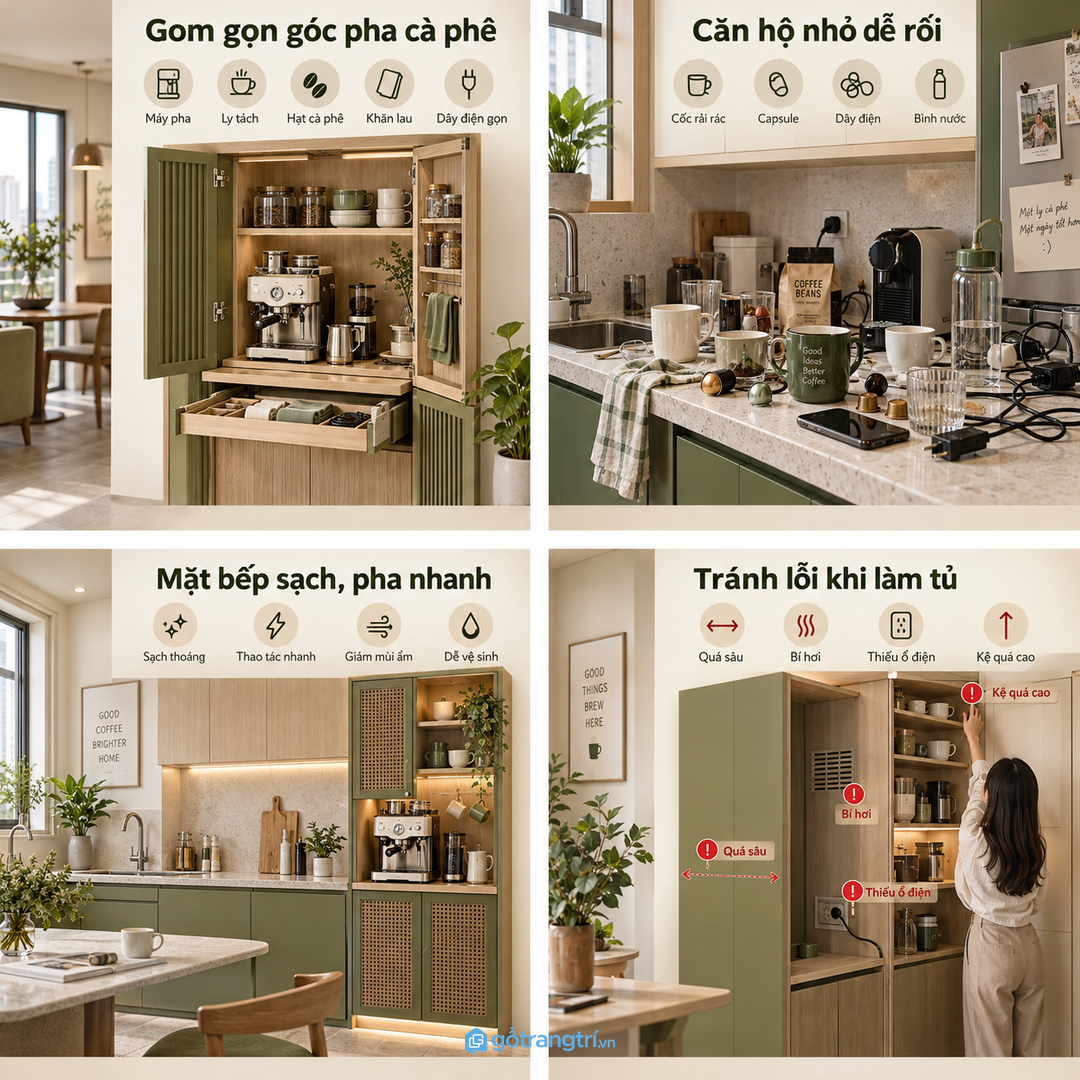 Tủ cà phê giữ mặt bếp sạch, thao tác pha nhanh và dễ lau hơn