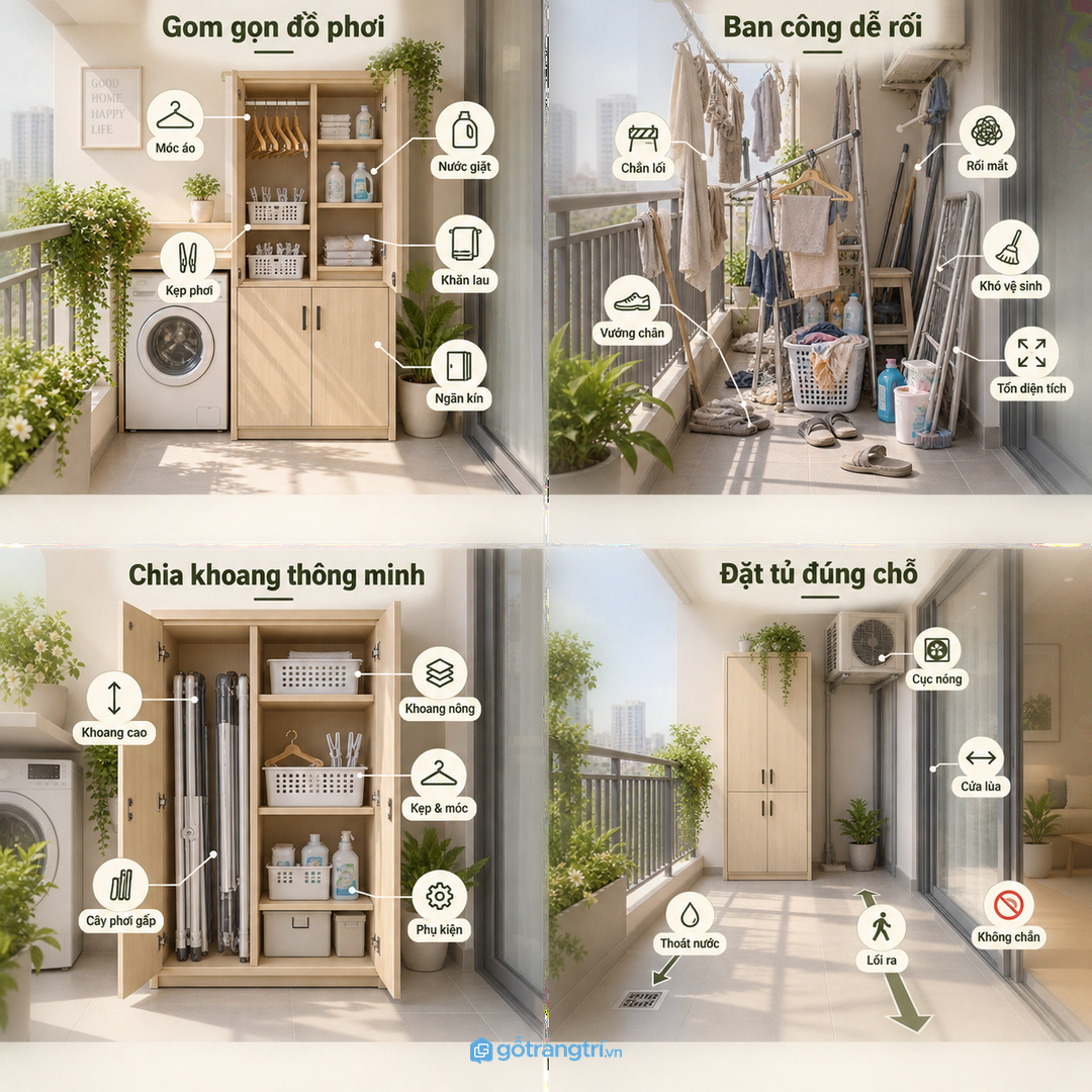 Khoang cao giữ cây phơi gấp thẳng gọn, khoang nông gom móc áo và kẹp phơi