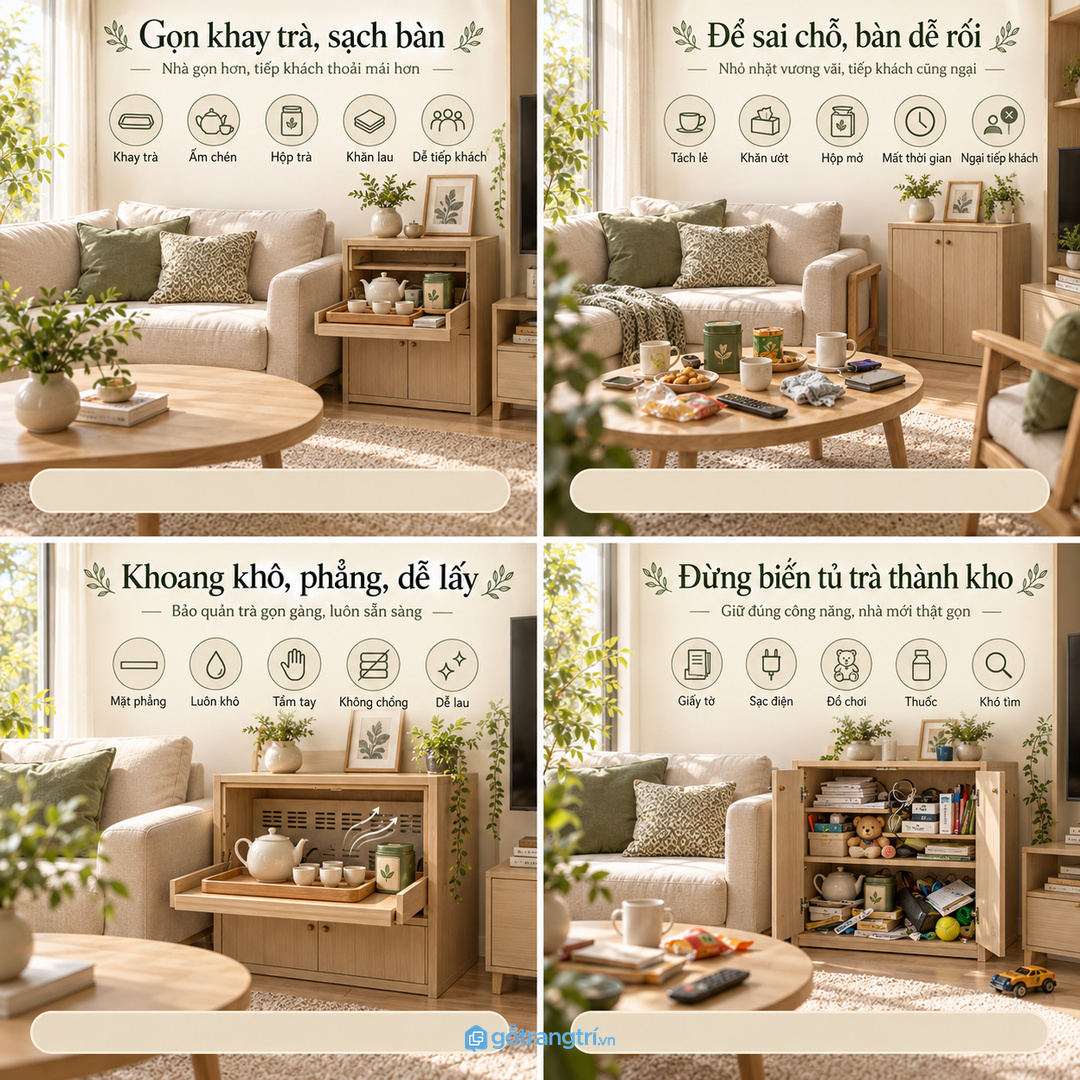 Khay trà và bánh mứt cần gần sofa nhưng không chiếm mặt bàn cả tuần