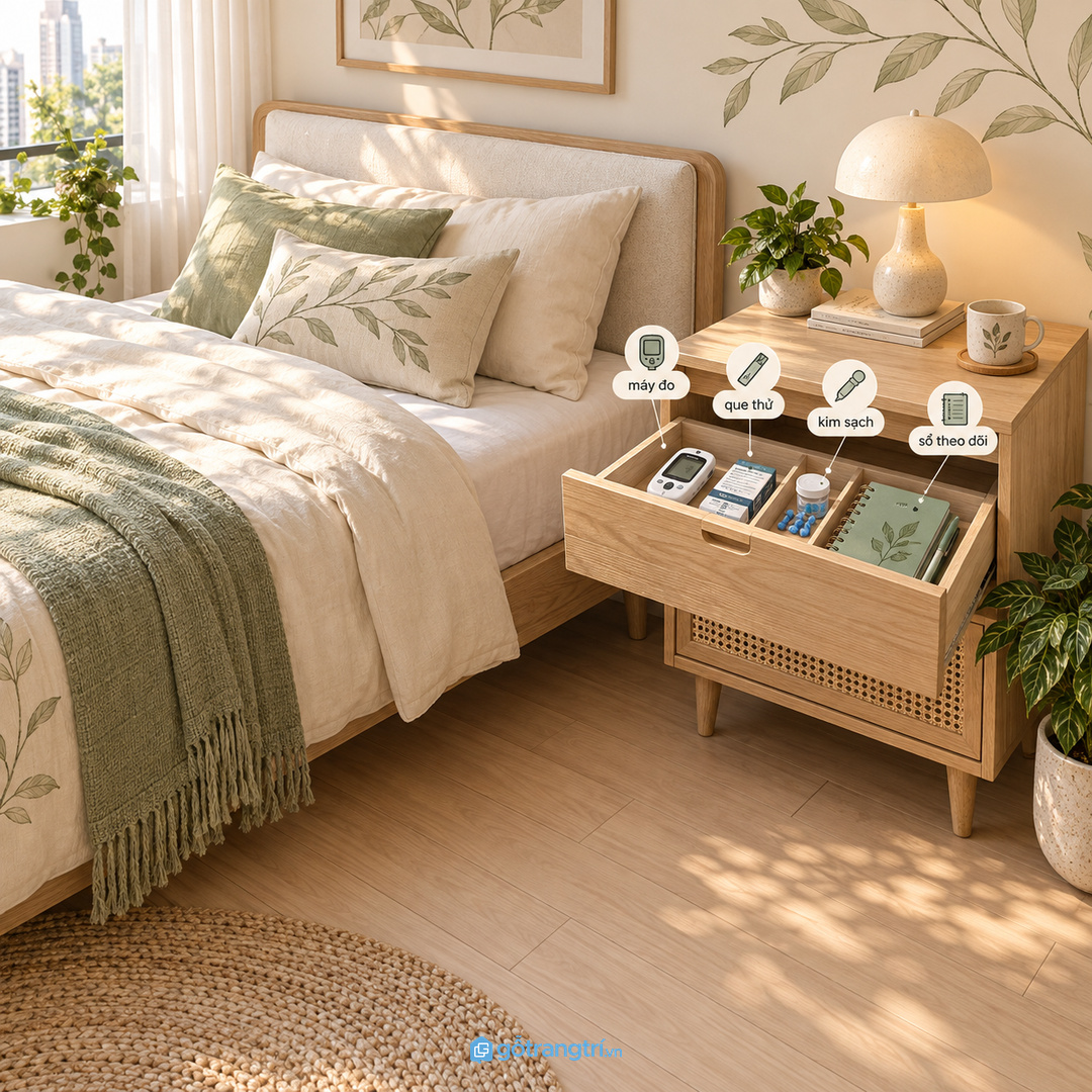 Hộc đầu giường khô sạch giúp que thử kim và sổ ghi chỉ số không bị lẫn