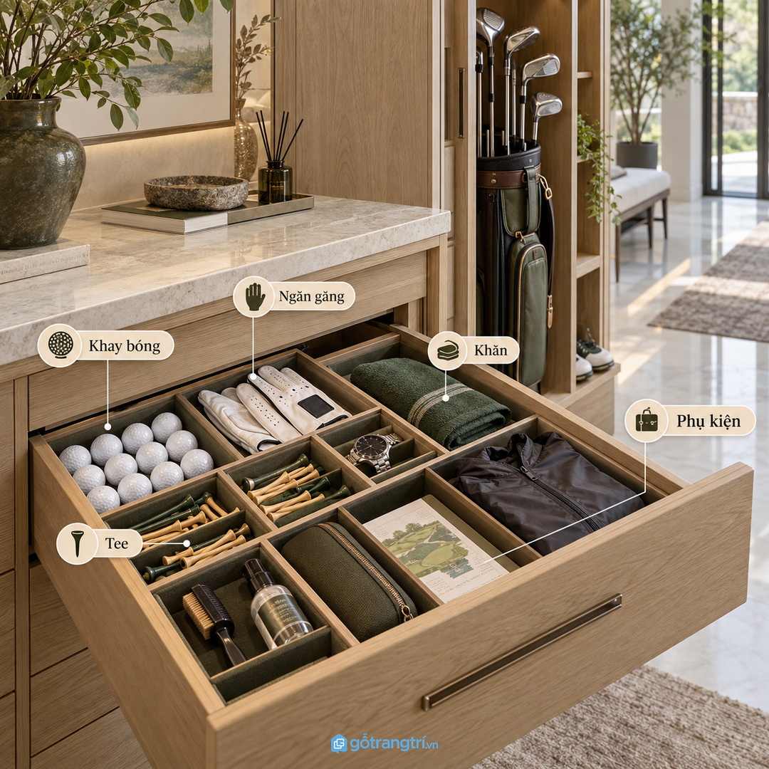 Tủ đứng giúp bộ gậy và túi golf có vị trí rõ ràng sau mỗi buổi chơi