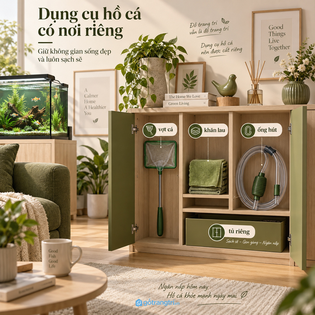 Thức ăn cá và chai dung dịch nên tách khoang để tránh đổ tràn