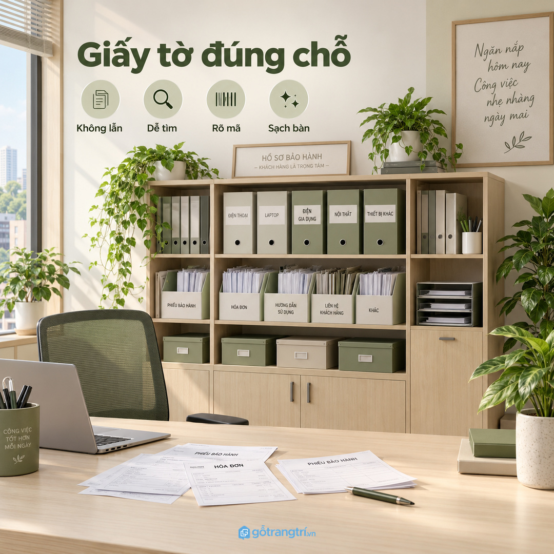 Một hệ tủ rõ vị trí giúp văn phòng tìm phiếu và hóa đơn nhanh khi cần bảo trì