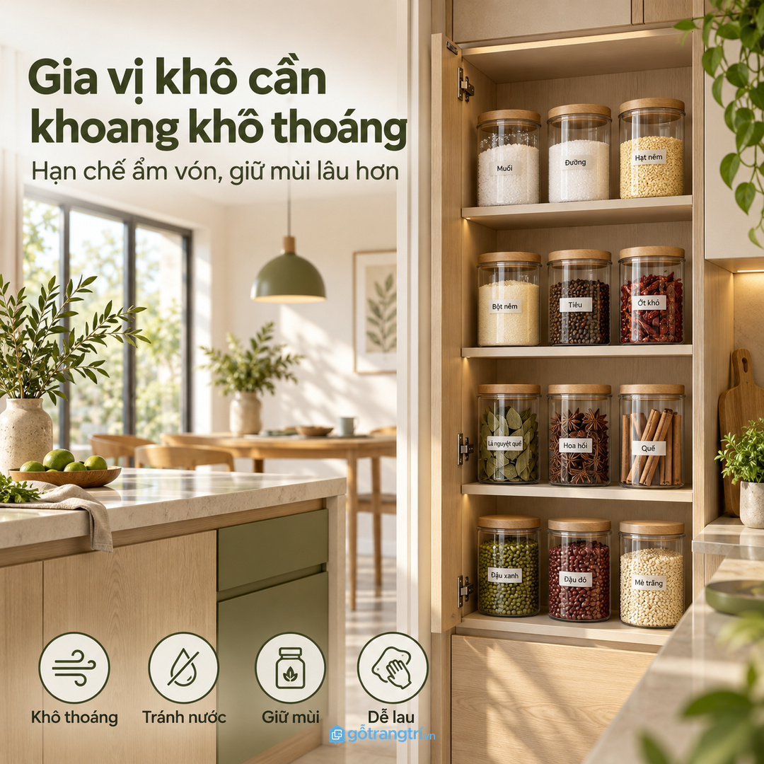 Gia vị khô cần khoang khô thoáng để hạn chế ẩm vón và mất mùi
