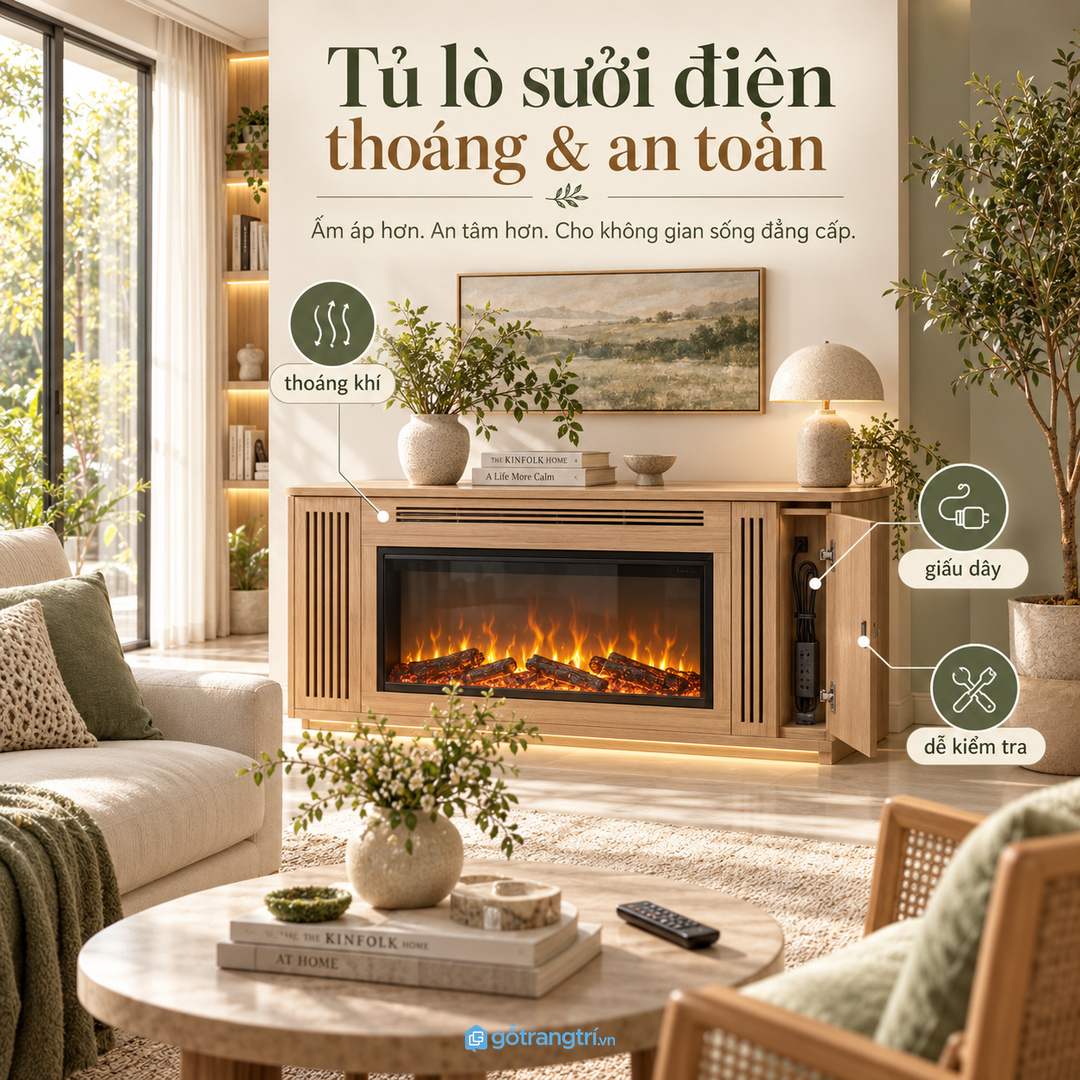 Tủ lò sưởi điện cần thoáng thiết bị giấu dây và dễ kiểm tra