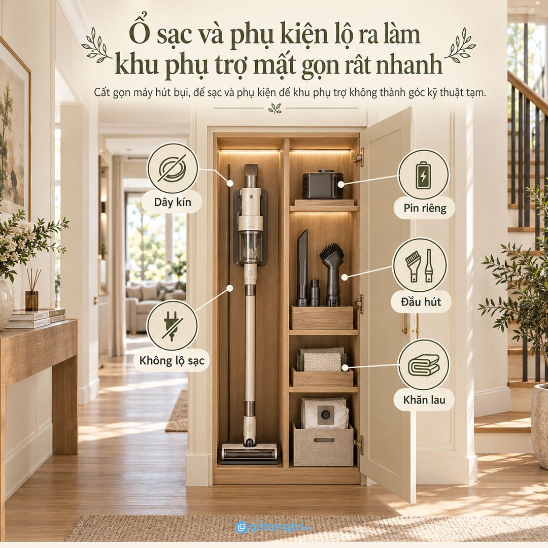 Tủ sạc giúp dây điện, pin và đầu hút không nằm lộ ở hành lang
