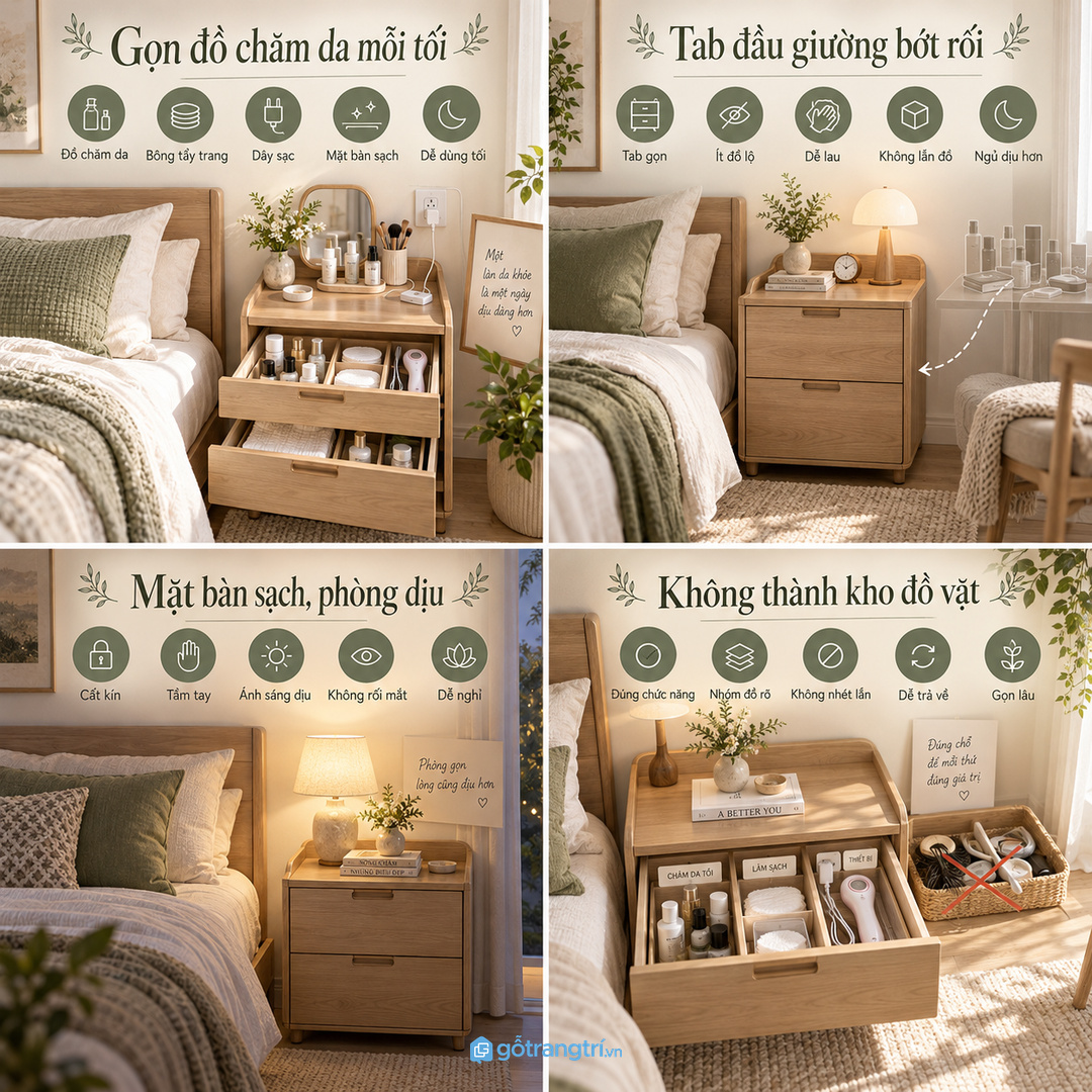 Mặt bàn sạch giúp phòng ngủ dịu hơn trước giờ nghỉ