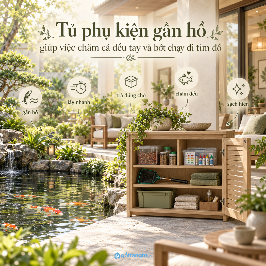 Tủ phụ kiện gần hồ giúp việc chăm cá đều tay và bớt chạy đi tìm đồ