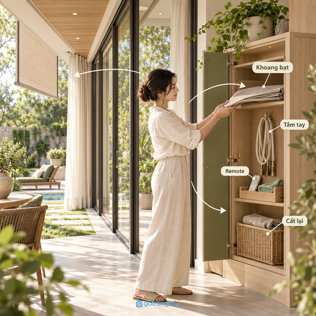 Khoang tủ theo luồng sử dụng giúp phụ kiện rèm ngoài trời dễ lấy dễ trả về chỗ cũ