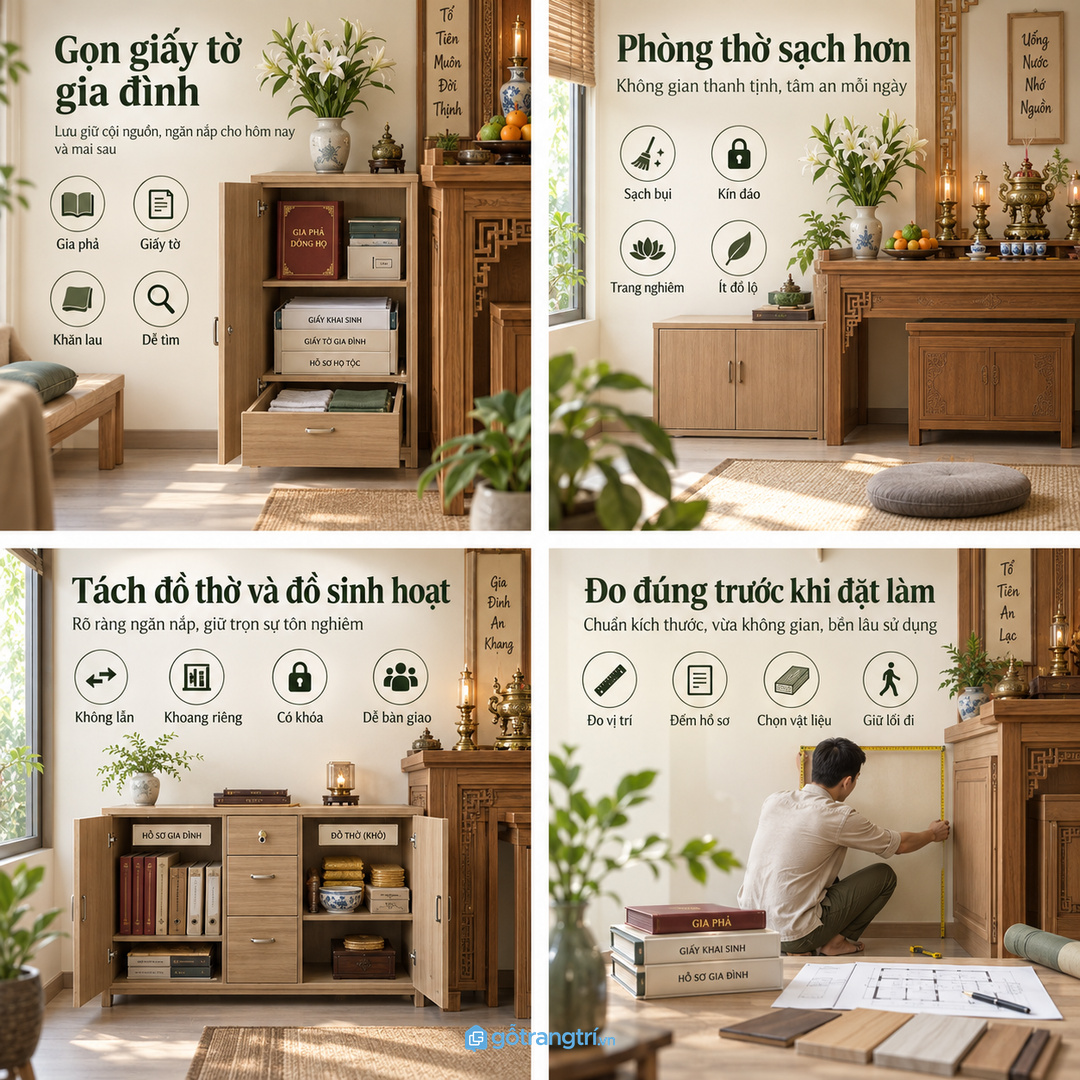 Góc thờ sạch hơn khi giấy tờ và đồ lễ nhỏ có khoang riêng