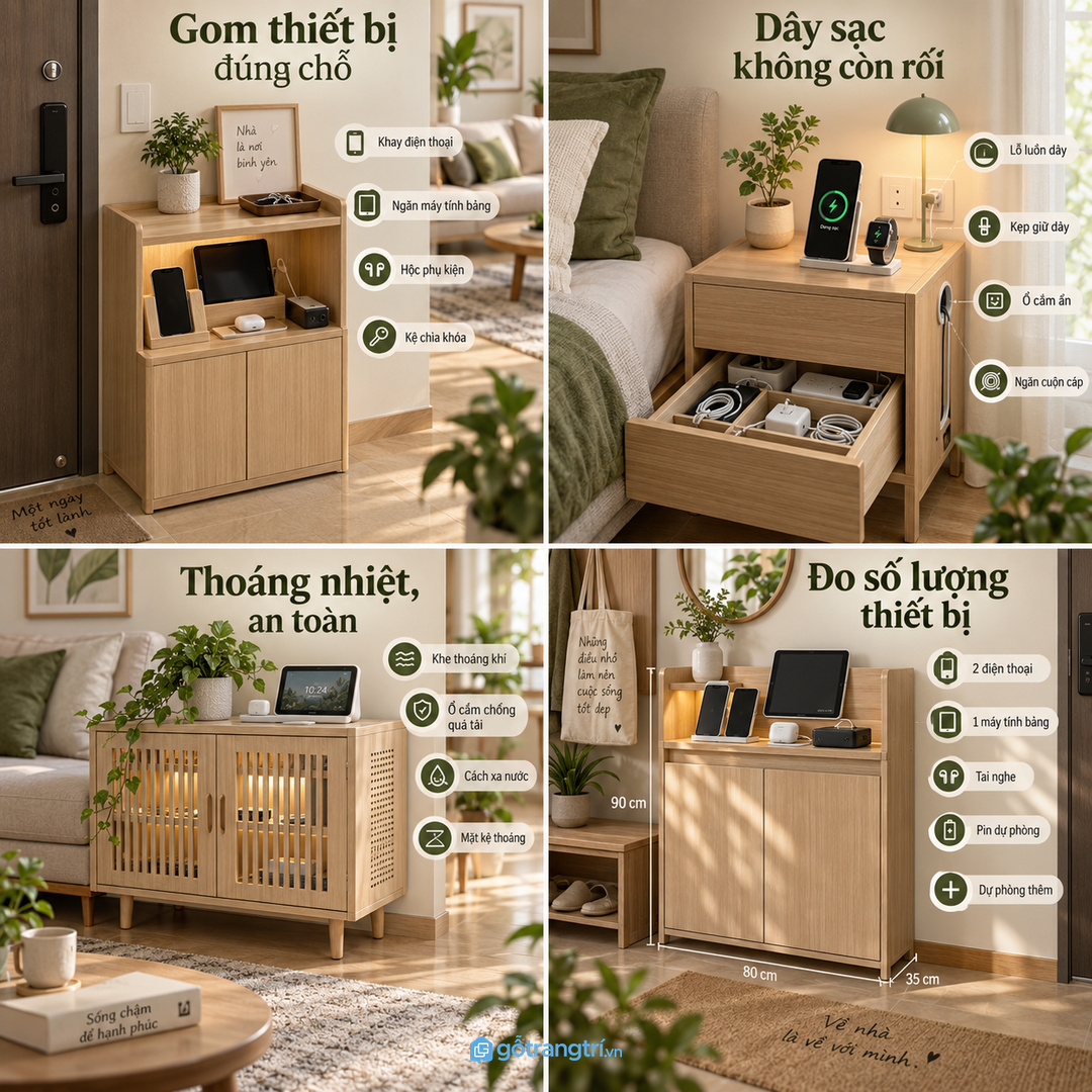 Thiết bị sạc đúng chỗ giúp mặt bàn kệ tivi và đầu giường sạch hơn