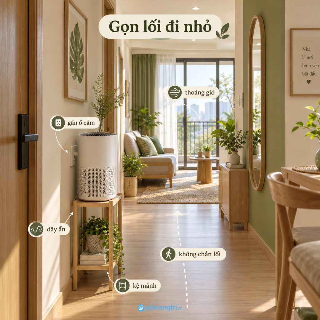 Kệ máy lọc mảnh giữ lối đi nhỏ thông thoáng và không làm vướng dây điện