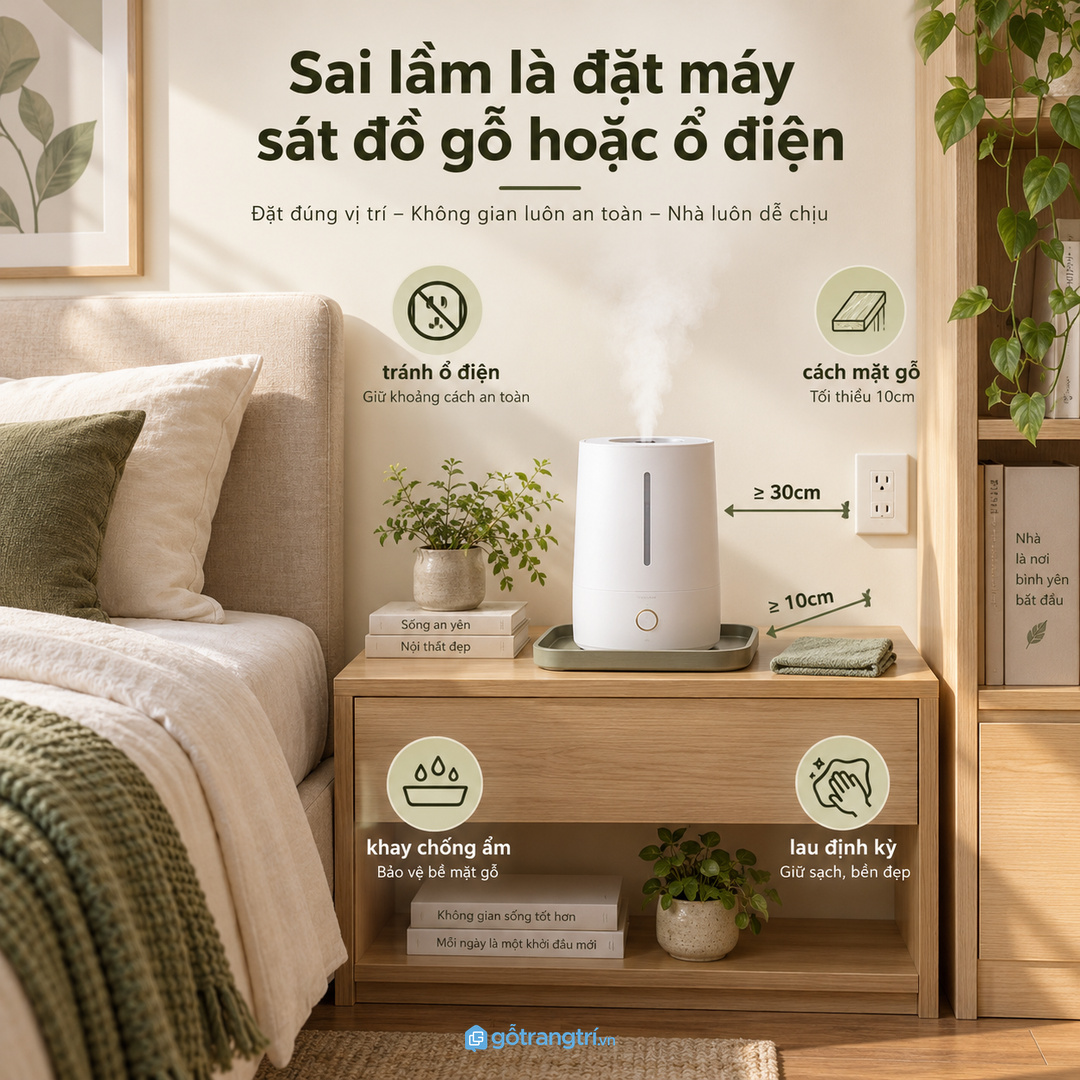 Đặt máy sát ổ điện hoặc mặt gỗ là lỗi cần tránh trong phòng ngủ nhỏ