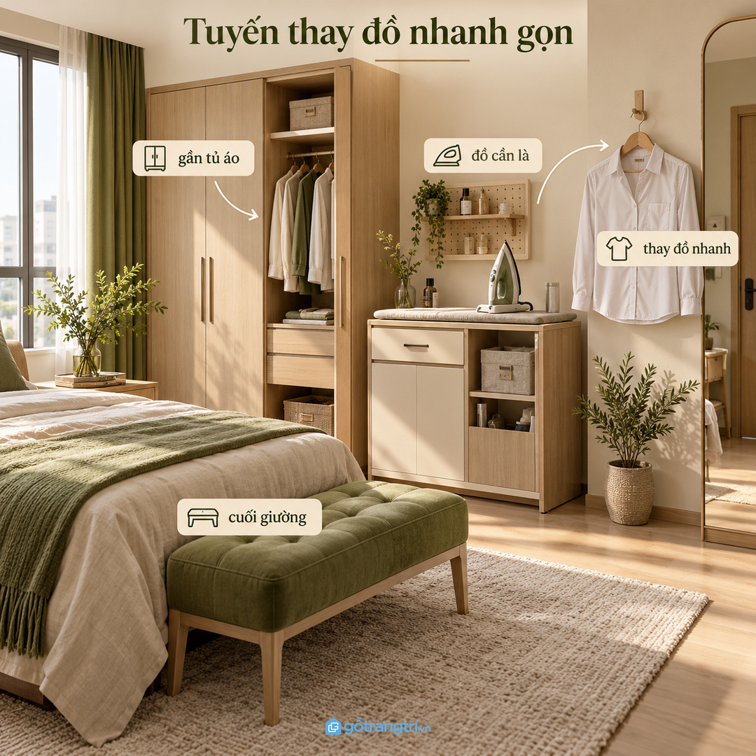 Tủ chăm quần áo nên nằm theo tuyến thay đồ để sáng ra dễ lấy dễ cất