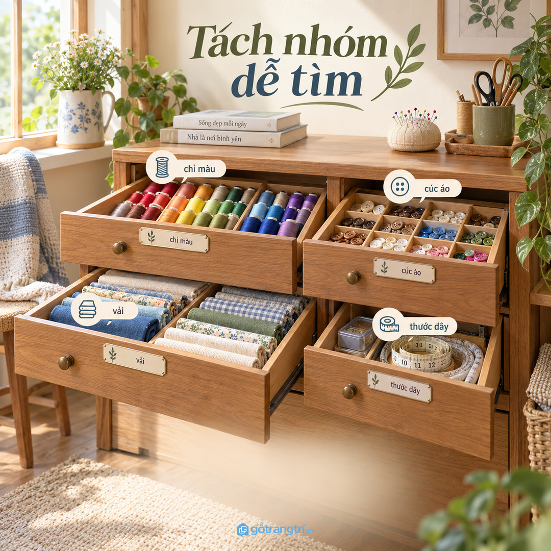Vải chỉ và cúc áo nên được tách nhóm để dễ tìm