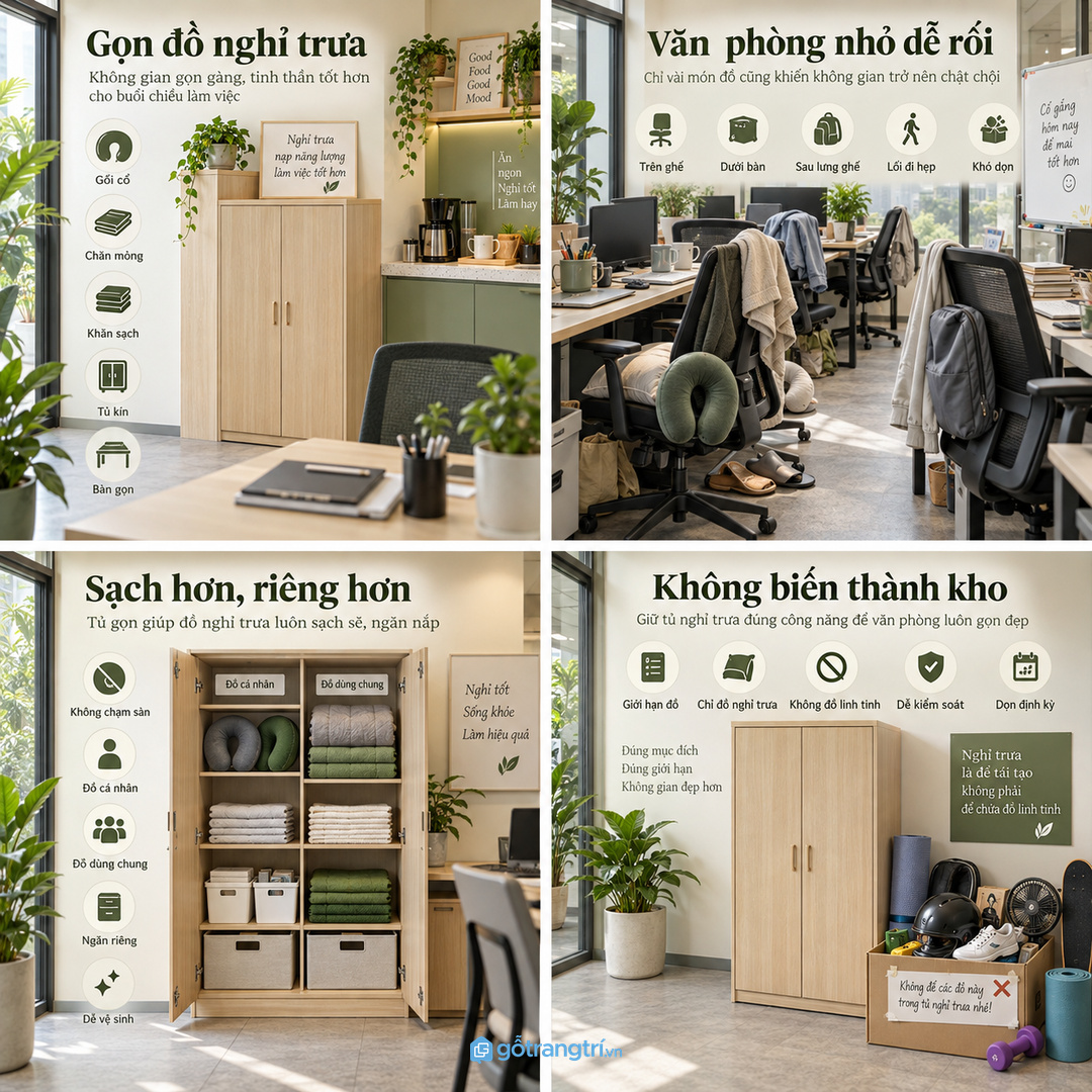 Không nên biến tủ nghỉ trưa thành kho đồ cá nhân lẫn lộn