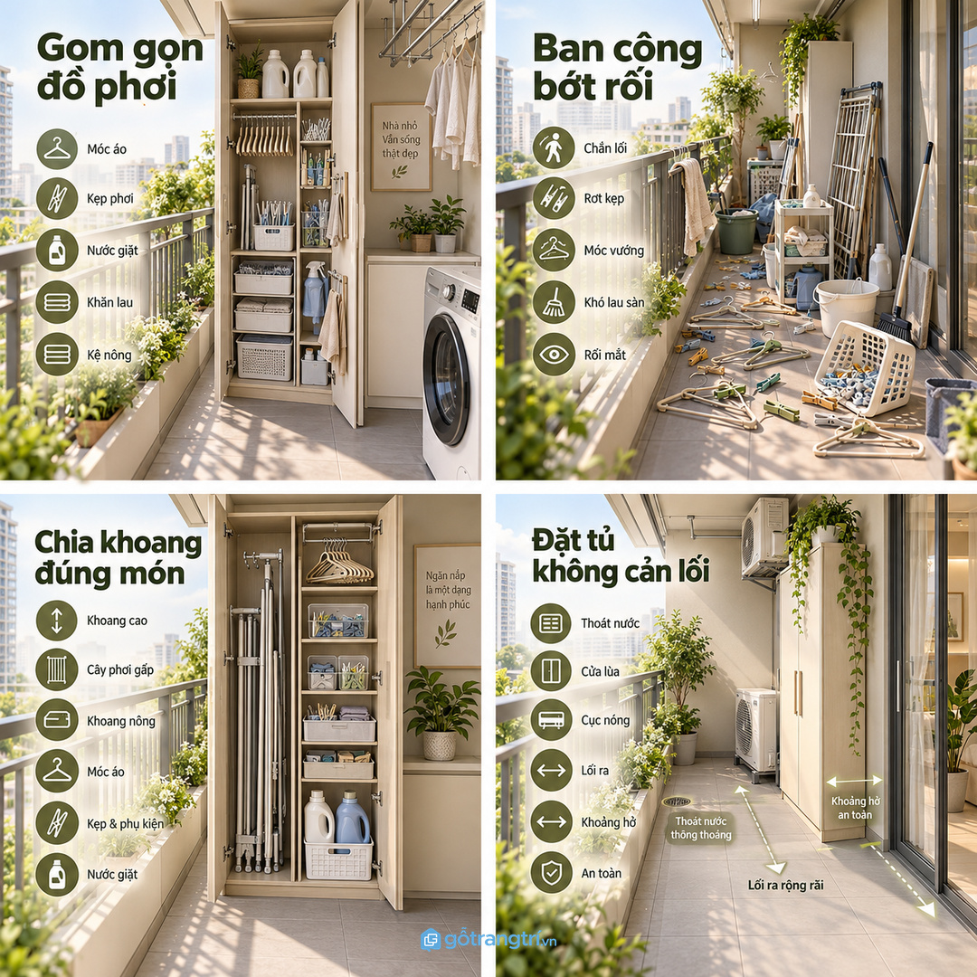 Không nên đặt tủ cản thoát nước, cửa lùa, cục nóng điều hòa hoặc lối ra ban công