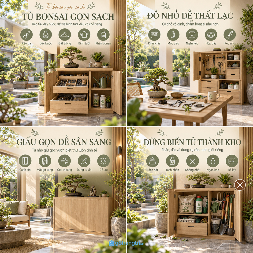 Không nên biến tủ bonsai thành kho chung của mọi đồ sân vườn