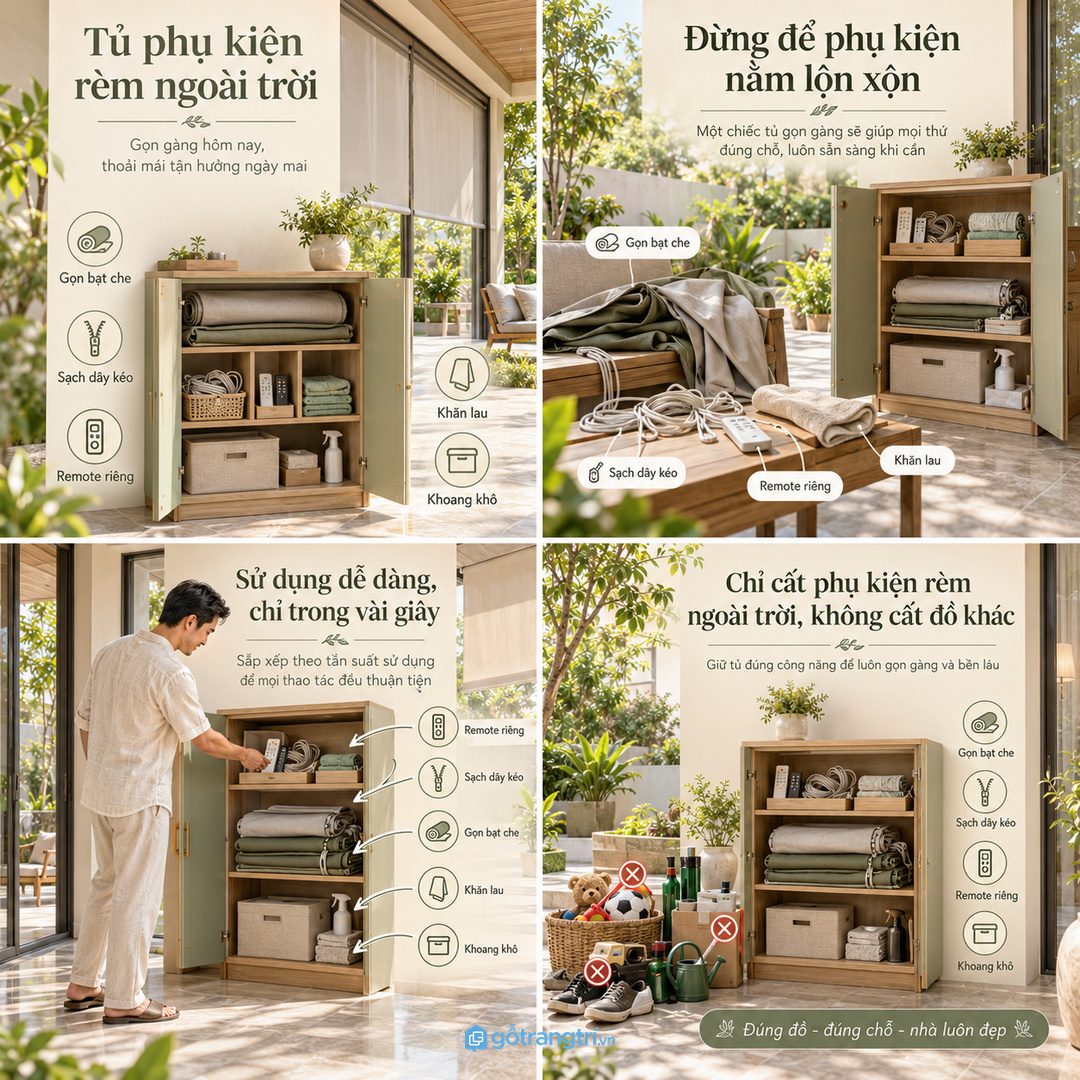 Tủ phụ chỉ nên giữ đúng nhóm phụ kiện bạt che để không thành kho linh tinh