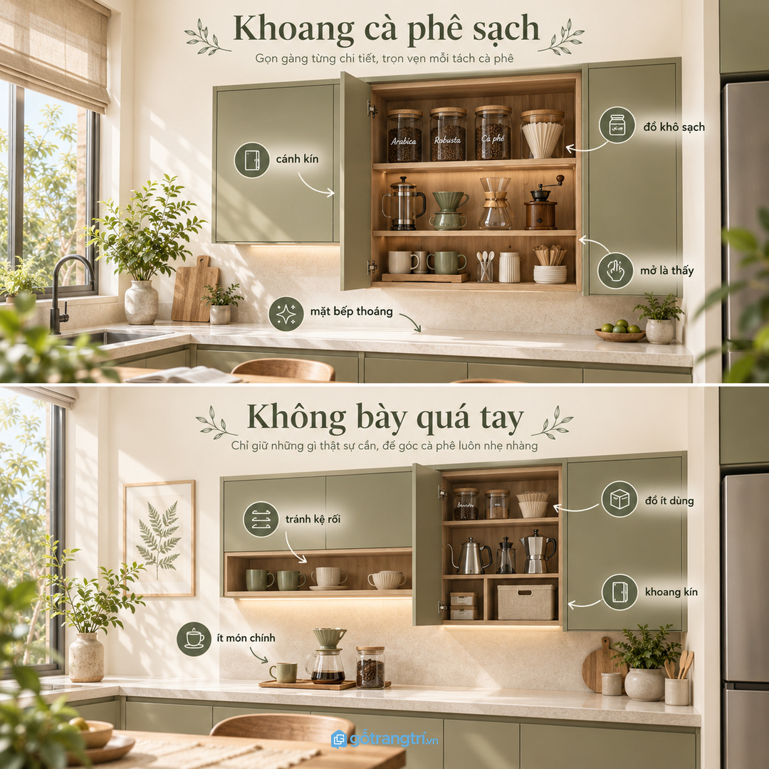 Không nên biến góc pha cà phê thành kệ trưng bày quá nhiều món