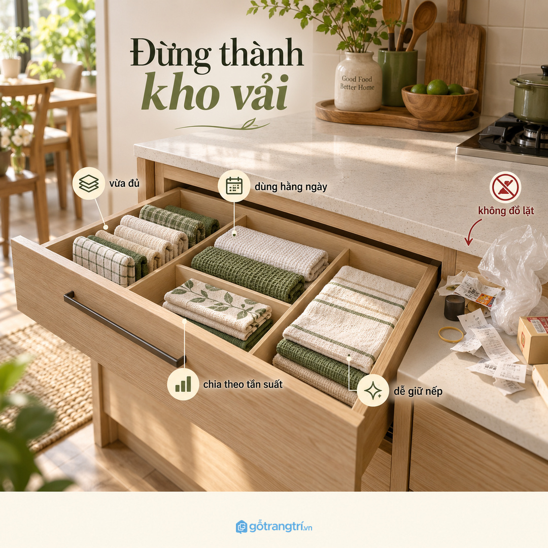 Không nên nhét khăn bếp chung với xoong nồi hoặc đồ khô