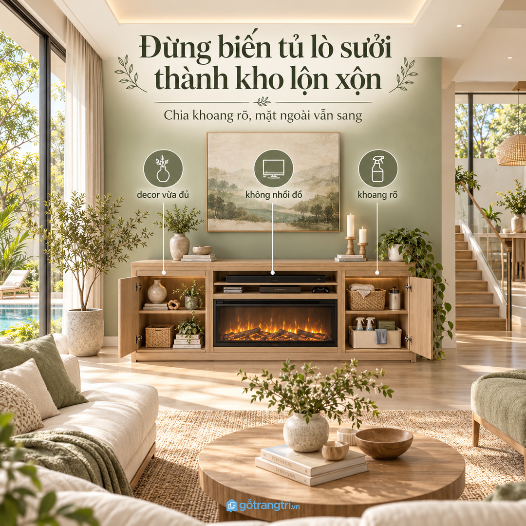 Không nên biến tủ lò sưởi thành kho decor lẫn đồ kỹ thuật