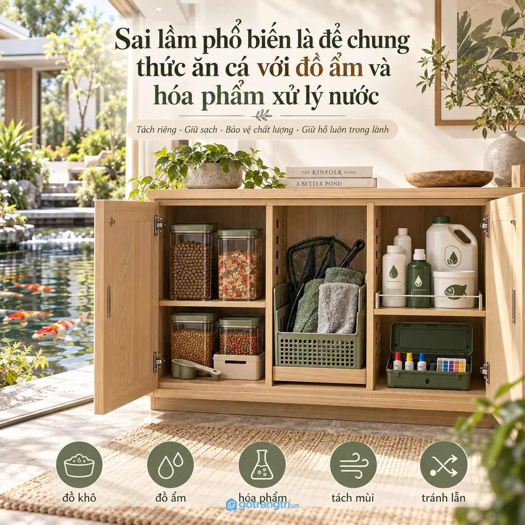 Sai lầm phổ biến là để chung thức ăn cá với đồ ẩm và hóa phẩm xử lý nước