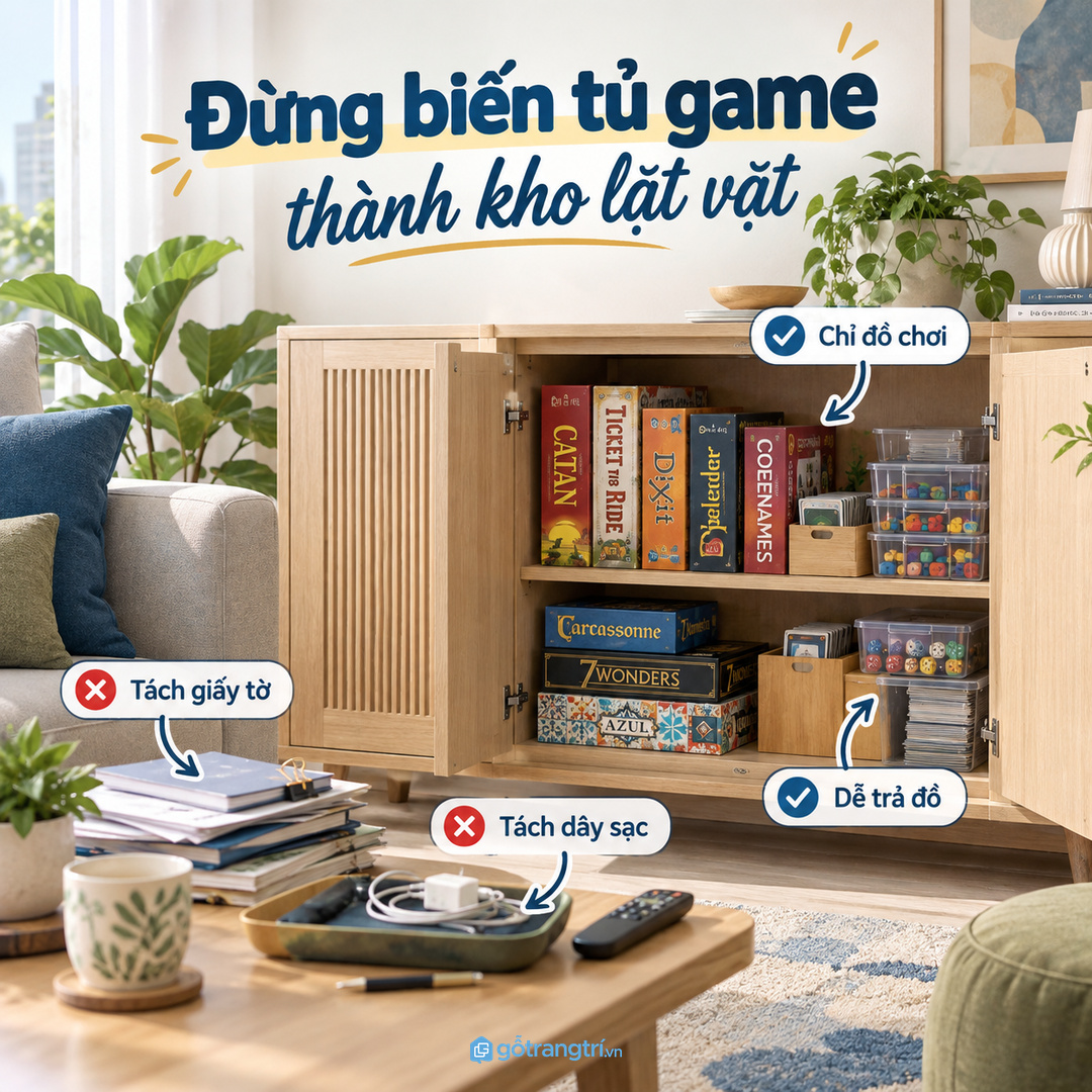 Tủ puzzle không nên thành kho đồ lặt vặt trong phòng khách