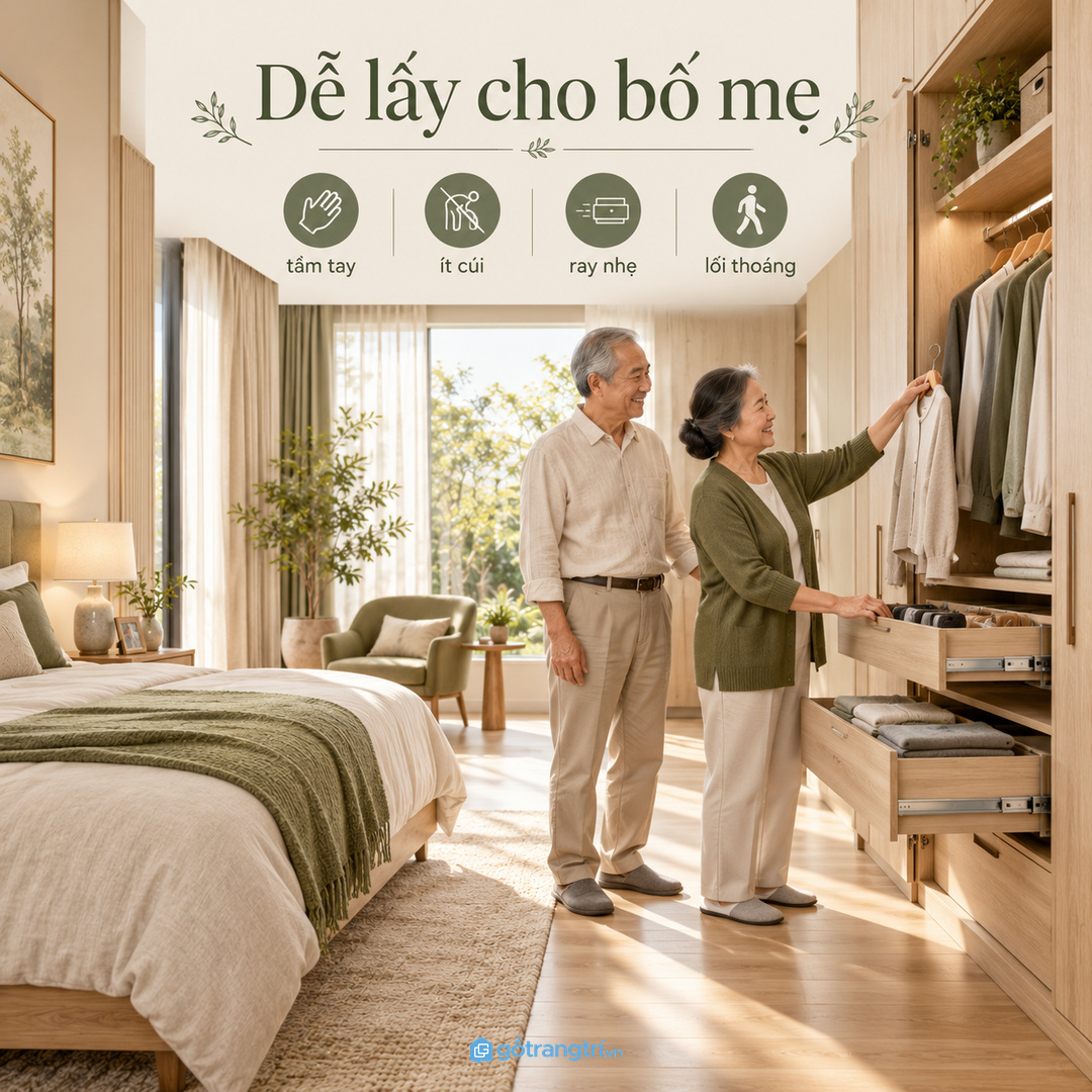 Chỉ thêm móc treo thường chưa đủ nếu tủ áo thiếu chia khoang và điểm kéo ra dễ dùng