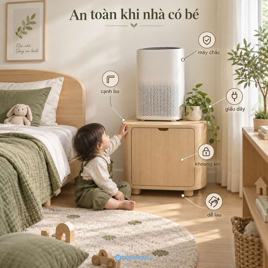 Căn hộ có trẻ nhỏ cần kệ chắc cạnh bo dây ẩn và khoang phụ kiện kín
