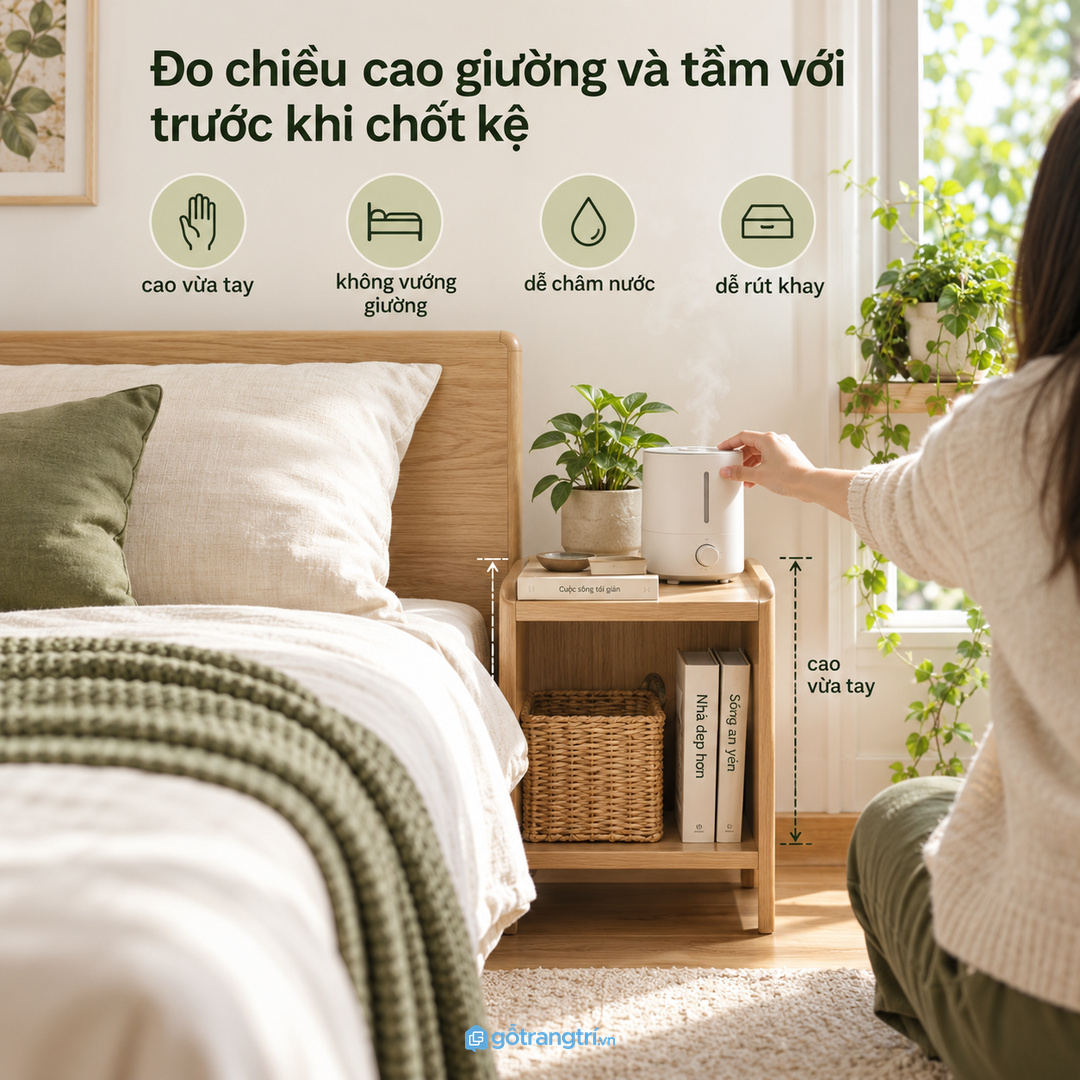 Đo chiều cao giường và tầm với trước khi chốt kệ máy tạo ẩm